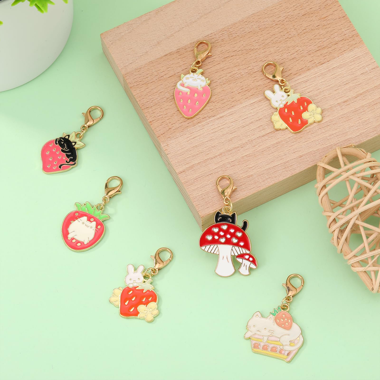 COGCHARGER 14Pcs Cat Strawberry Rabbit Mushroom Stitch Markers Alloy Enamel Removable Crochet Knitting Markers with Lobster Clasp Charms for Sewing Knitting Weaving Accessories DIY Craft - Image 3