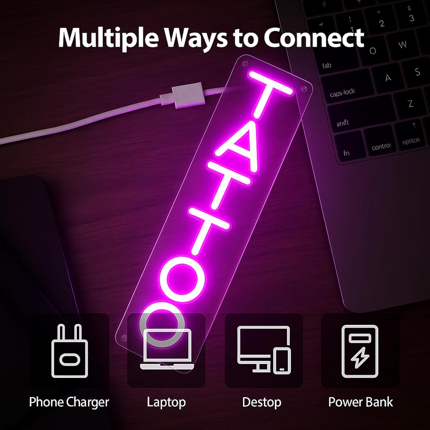 Dimmable Tattoo Neon Sign for Wall, Handmade Acrylic Pink LED Lights for Tattoo Shop Studio, USB Powered Store Logo Window Display Neon Sign, 15 x 3.7 In - Image 2