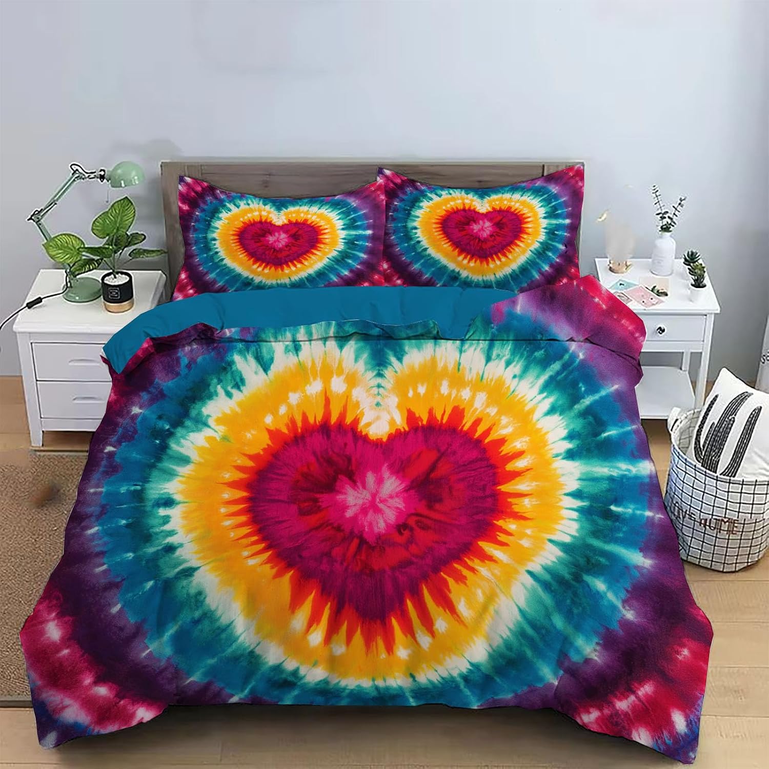 Hippie Texture Print Duvet Cover Tie-dye Heart Pattern Texture Bedding Size,Reversible Solid Color Classic Color Printed Plaid Duvet Cover
