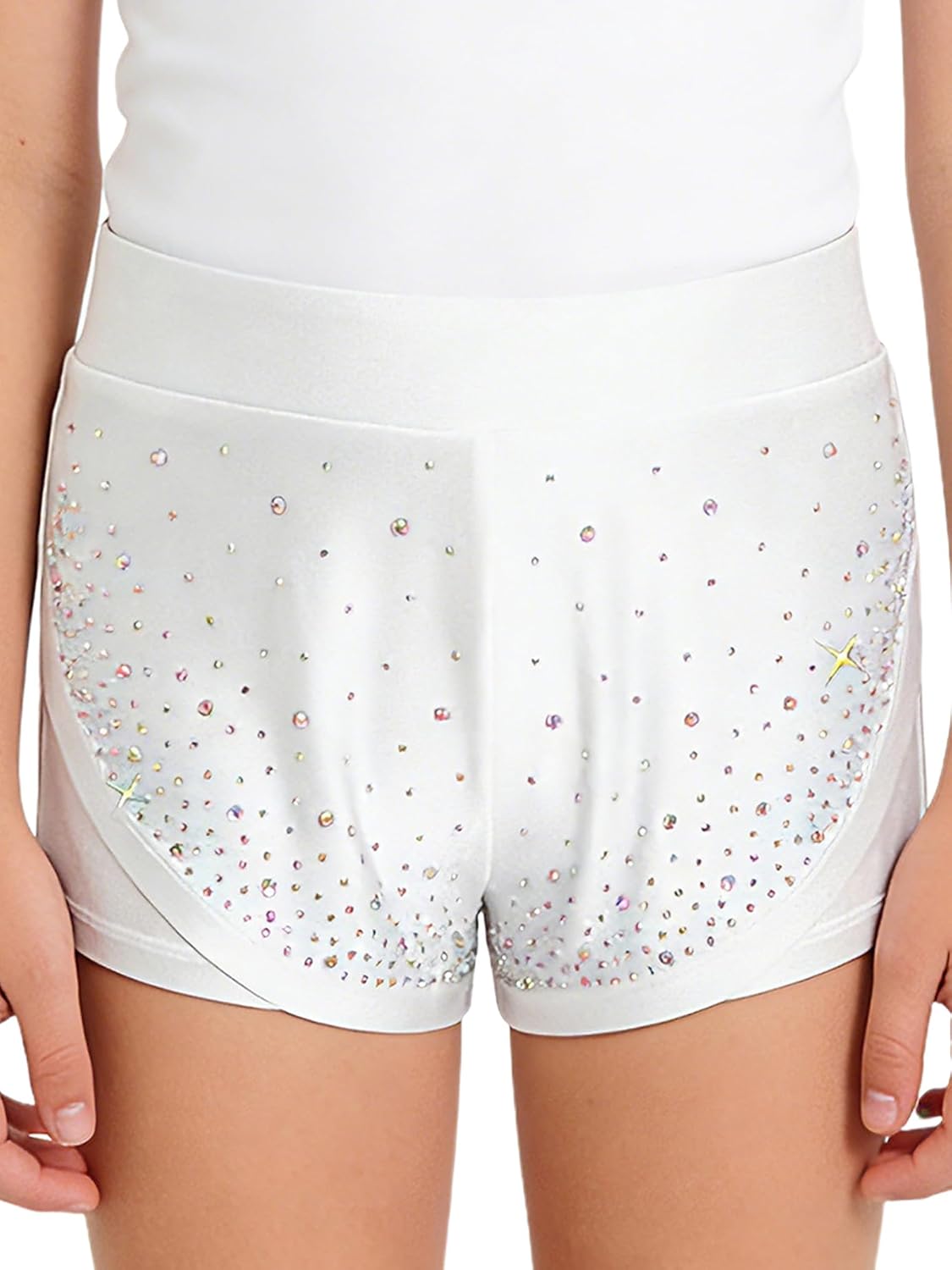 Freebily Girls' Double-Layer Rhinestone Shorts Elastic Waist Glittery for Gymnastics Dance