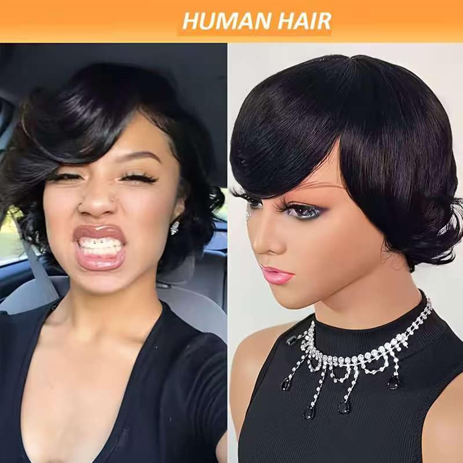 RACILY 6 inch Real Human Hair Mullet Wig for Women - Natural Black Pixie Cut with Bangs, Glueless Wig, Layered Haircut, Wolfcut, Density, Curly Wave Texture