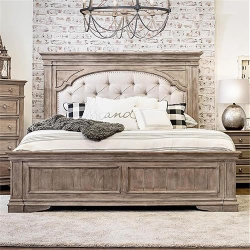 Steve Silver Company Highland Park 83.5" x 90" Farmhouse Wood & Fabric Upholstered Panel King Bed with Button Tufted Headboard, Low Vertical Planked Inset Footboard, in Driftwood Gray Finish
