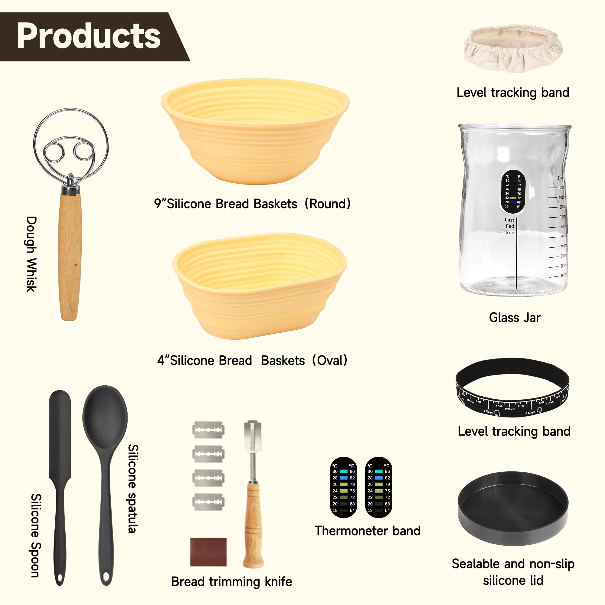Kit de iniciación de masa madre para hornear pan de masa madre con cesta de prueba de pan Banneton, tarro de inicio de masa madre de 50 onzas, regalos para panaderos