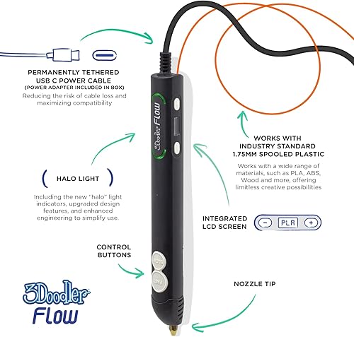 Miniatura 4 de 3Doodler Bolígrafo de impresión 3D Flow para adolescentes, adultos y creadores. - Negro - con filamentos de recarga gratis + libro de plantillas +