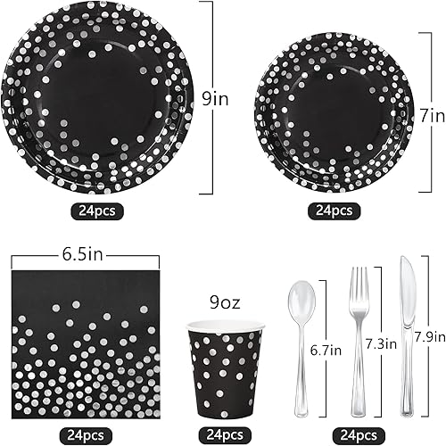 Miniatura 3 de 168 piezas de decoraciones de fiesta negras y plateadas, platos negros, tazas y servilletas, juegos de 24, decoraciones de cumpleaños para