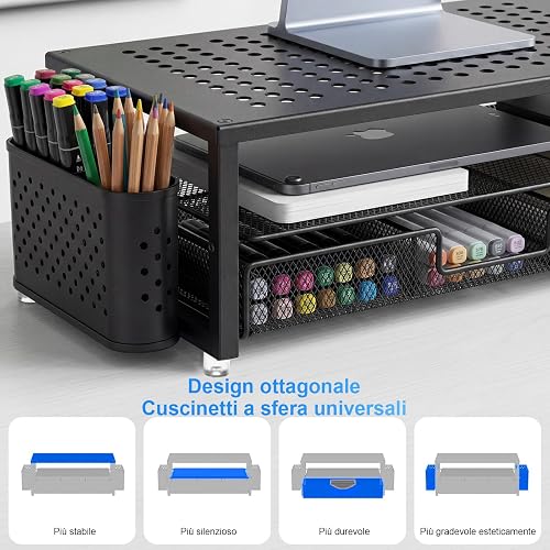 Organizer Da Scrivania, Supporto Per Monitor Con Cassetto E 2 Portapenne, Organizer Da Scrivania A 2 Ripiani Per Schermo E Laptop, Supporto Da Scrivania Ergonomico Per Accessori Da Ufficio (Nero) - 3