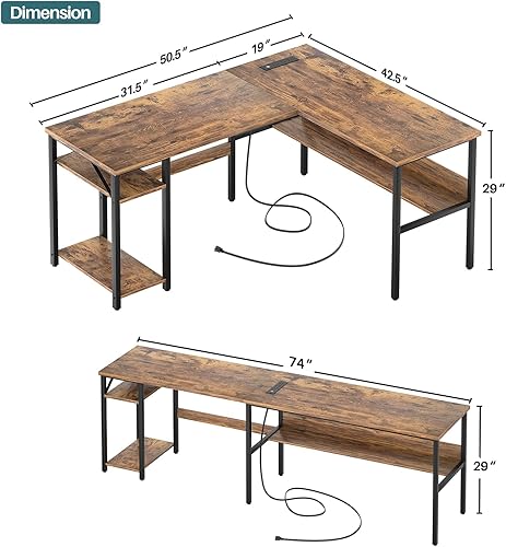 Miniatura 3 de Unikito Escritorio reversible en forma de L con tomas de corriente mágicas y puertos de carga USB, escritorio de esquina resistente con estantes de