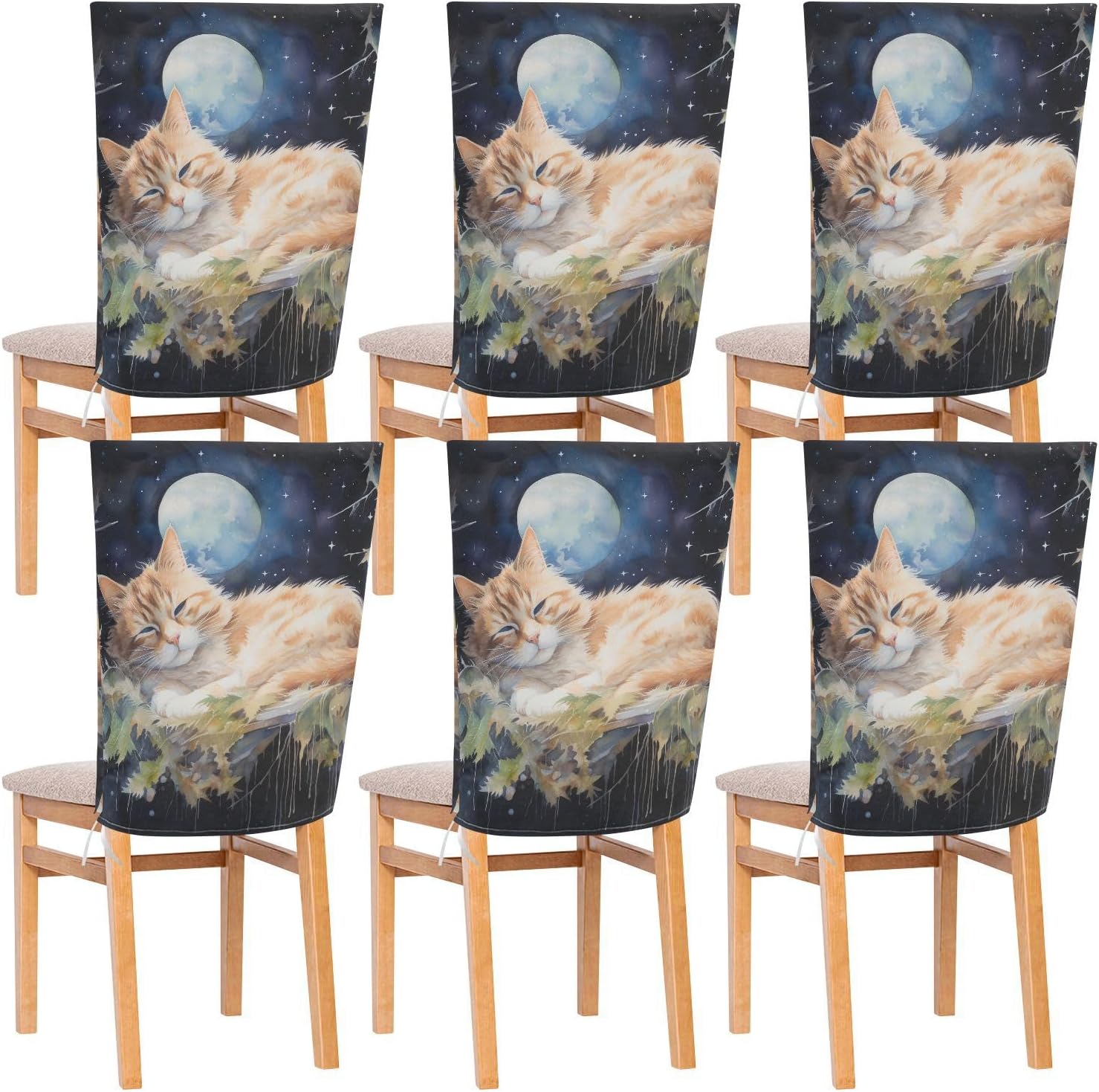 ALAZA Cat Sleepi in The Starry Night Chair Back Cover Set of 6, Washable Reusable Removable Chair Slipcovers Decorative Chair Cover for Home Kitchen Wedding Party