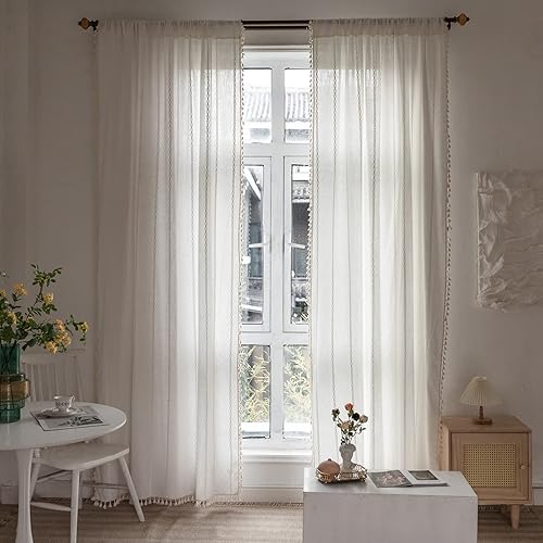 Miniatura 2 de RoomTalks - Cortinas de lino con borlas, estilo moderno, francés, bohemio y elegante, a rayas, blancas, filtración de luz, para dormitorio y sala de
