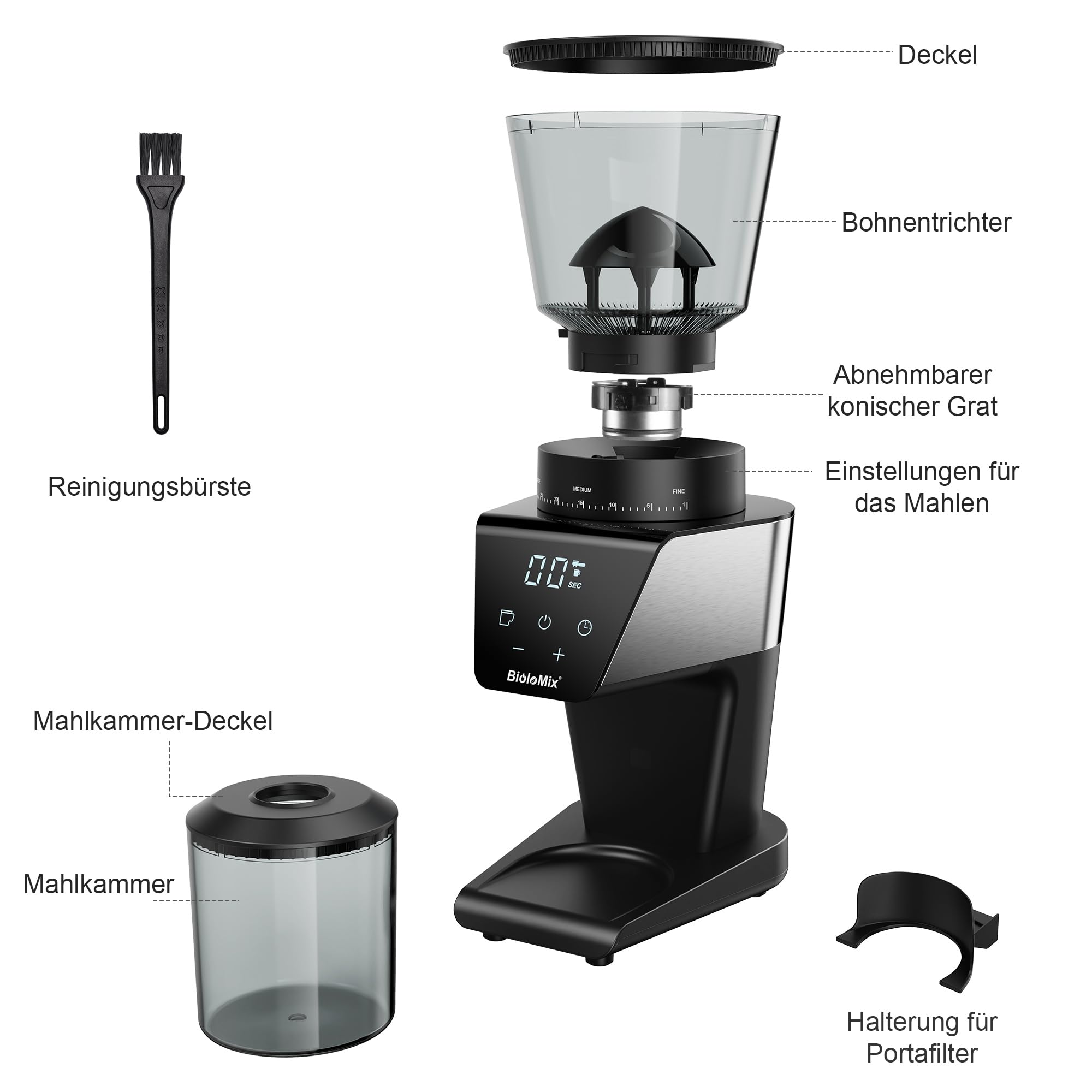 Biolomix Mulino elettrico conico con display touch screen digitale e culla portafiltro, mulino elettrico regolabile con 30 impostazioni di macinazione precise per 1-12 tazze. (antistatico), BG706