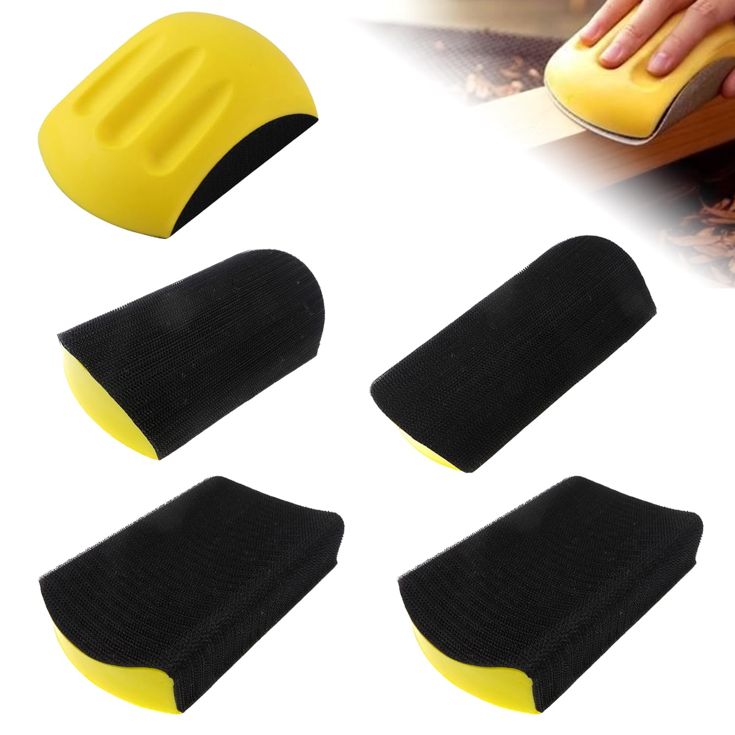 5 Pièces 6 Pouces Cale a Poncer, Mousse PU + Plastique, Poignée Ergonomique, pour le Polissage du Bois et le Ponçage Fin, Convient pour le Bois, le Carrelage, le Métal, le Verre (Jaune)