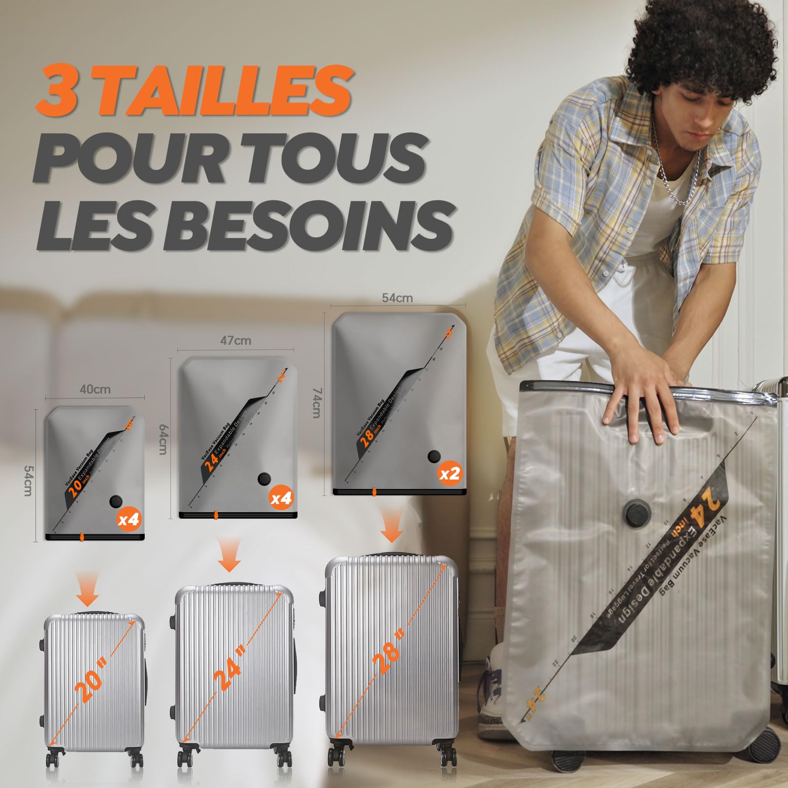 Vacbird Sac de Rangement Sous Vide avec Pompe à Vide Sans Fil, 10 Pièces (4 * 40x54cm, 4 * 47x64cm, 2 * 54x74cm), Sac Sous Vide Vetement Peu Encombrant – Idéaux pour Voyager et Organiser Vos Bagage