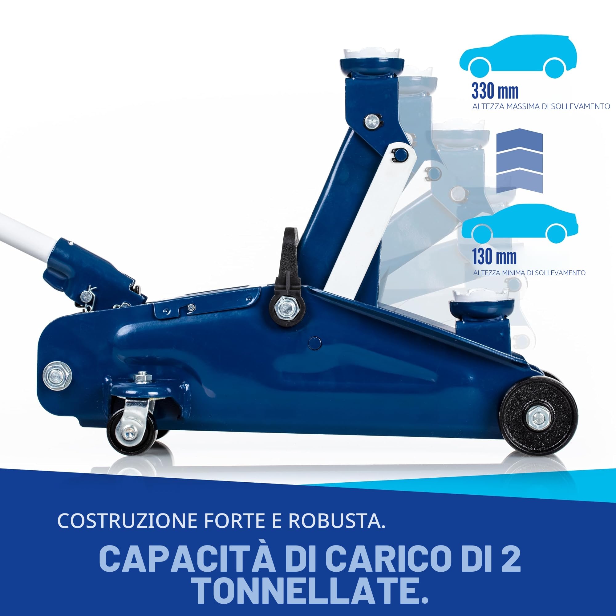 Cric idraulico NTG 2T (2000 kg) - Certificato TÜV - Cric mobile e manovrabile con struttura in acciaio, altezza di sollevamento 130-330 mm - Per autovetture, autoveicoli, cambio pneumatici