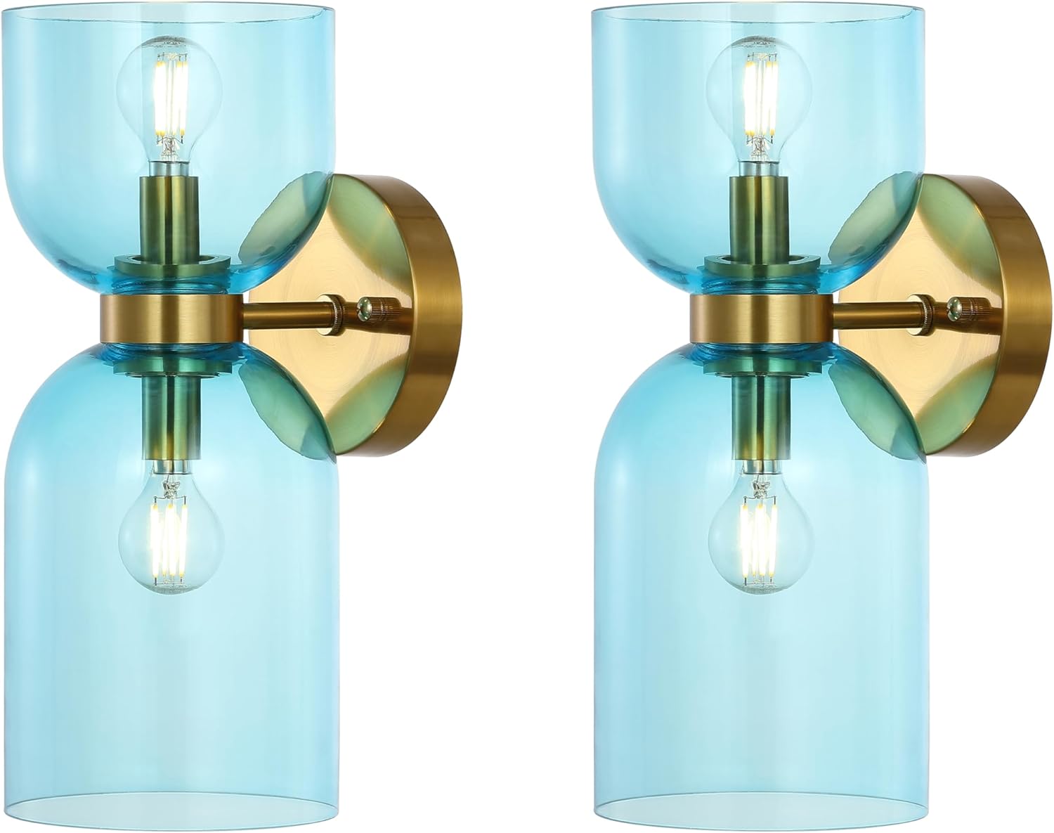 SAFAVIEH Lighting Collection Solyn Blue Glass Shade/Brass Wall Sconce Set of 2 Light Fixture, Ideal for Bathroom, Entryway, Vanity, Foyer, Hallway, Living Room (LED Bulbs Included)