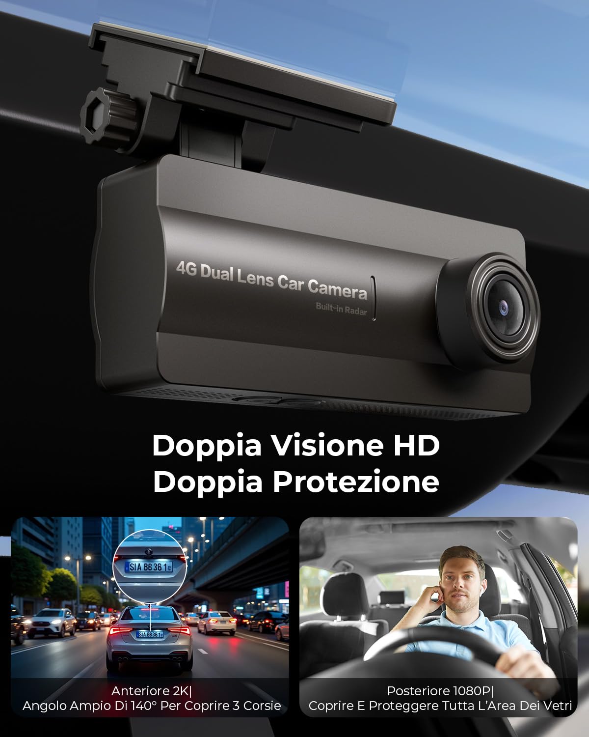 4G LTE Dash Cam Telecamera per Auto Anteriore e Posteriore 2K/1080P, con 24/7 Modalità Parcheggio, GPS, OBD, Sensore G, APP Alert, Visione Notturna, Audio Bidirezionale, Scheda SD 32GB Inclusa