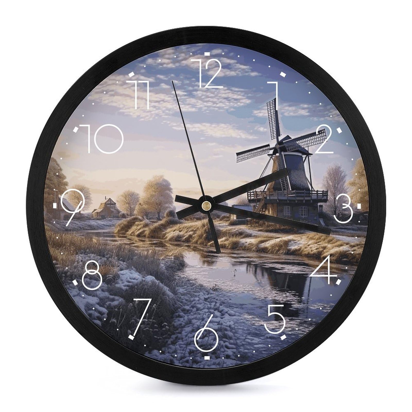 Horloge murale ronde paysage moulin à vent silencieuse pour salon