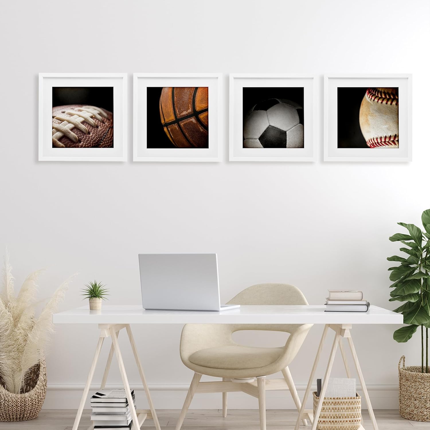 Stupell Industries Team Sports Balls Closeups 4 Piece White Framed Print Under Glass Set, design by Kim Allen, 16 x 16