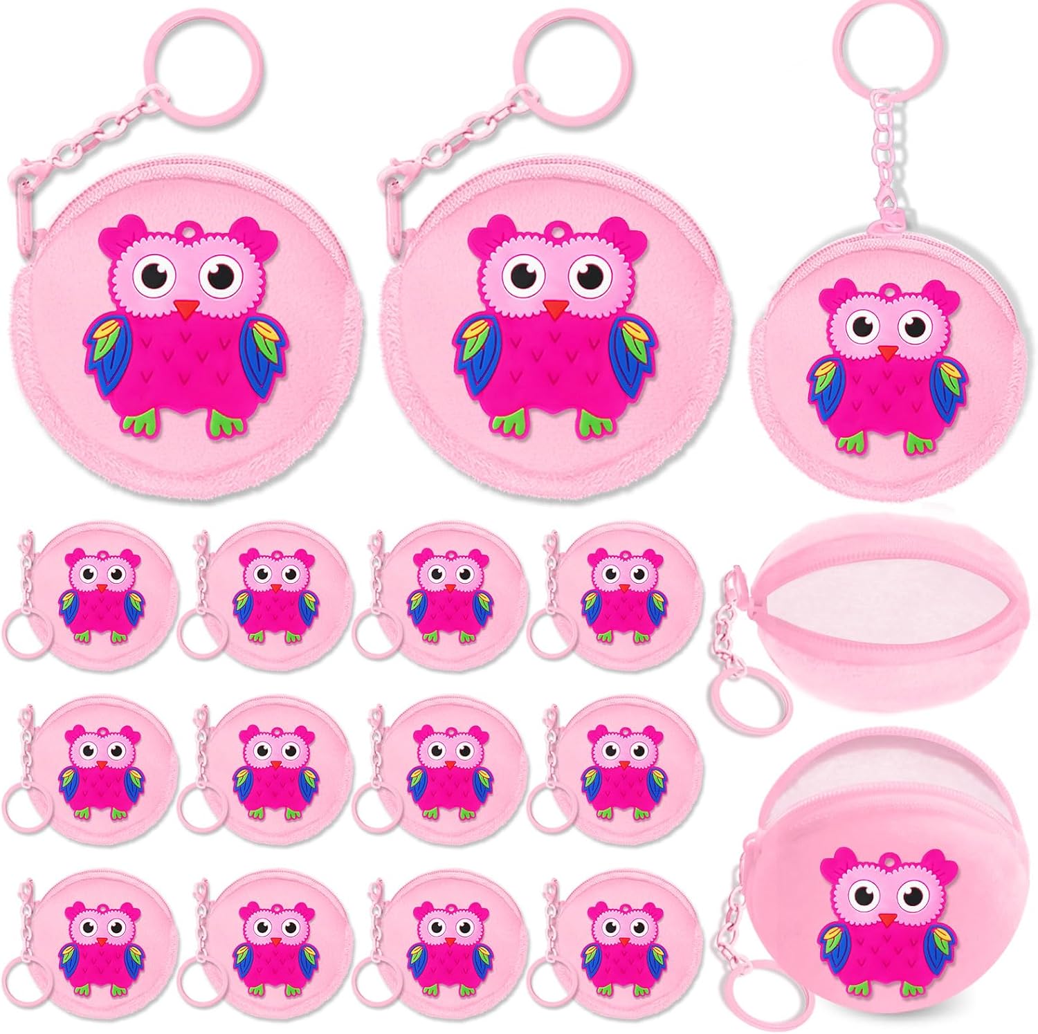KeeStar 15 Pack Pink Owl Coin Purse with Zipper Keychain,Wallet Bag Party Favors for Owl Birthday Party Decoration, Animal Themed Baby Shower, School Carnival Rewards, Travel, Classroom Prize