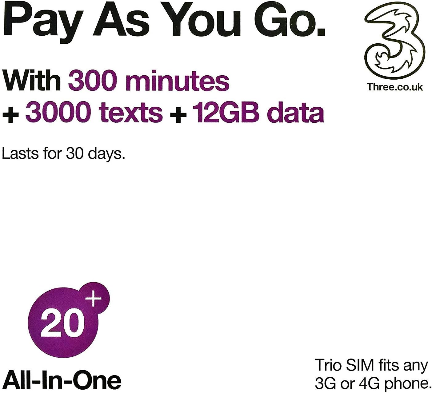 PrePaid Europe (UK THREE) sim Card 12GB Data+3000 Minutes+3000 Texts for 30 Days with Free Roaming/USE in 71 Destinations Including All European Countries
