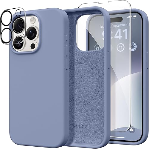 Miniatura 202 de GONEZ Funda de silicona para iPhone 14 Pro Max, compatible con MagSafe, con protector de pantalla + protector de lente de cámara, silicona líquida a