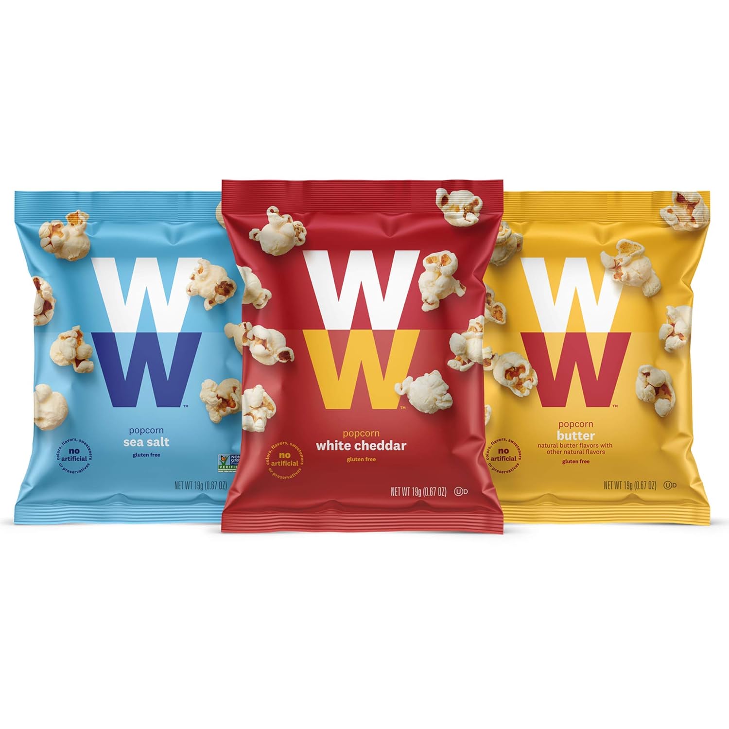 WW Popcorn Variety Pack Sea Salt, White Cheddar & Butter Popcorn Glutenfree, 2