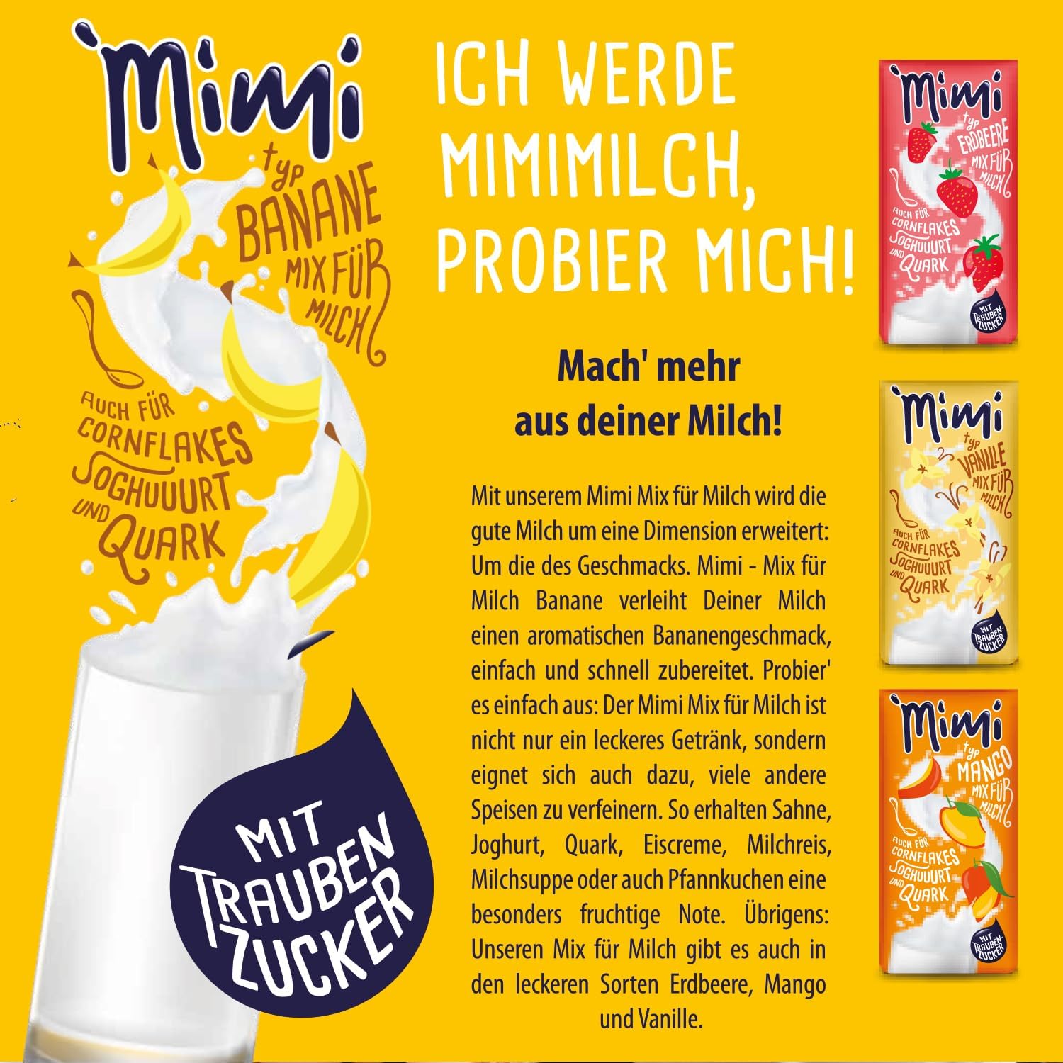 Mimi Milk Milk Banana Bebida Polvo 12 x 400 g - Pack de Almacenamiento - Polvo de bebida soluble en leche con sabor a plátano - Soluble en frío y caliente - Ideal para ocio, oficina, familia grande