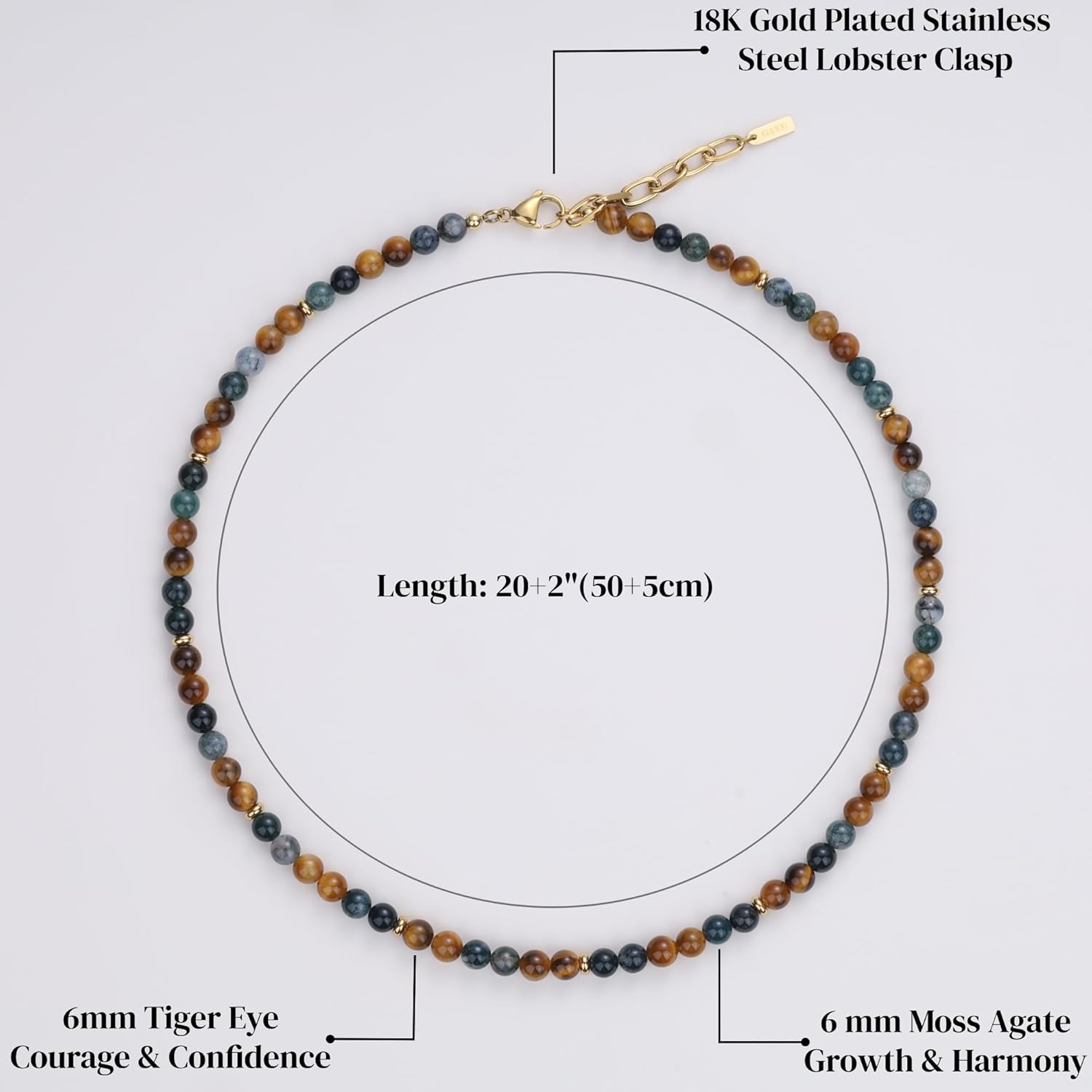 GAVU Tiger Eye Moss Agate Gemstone Necklace for Men, Beaded Necklace for Men 6mm - Image 3