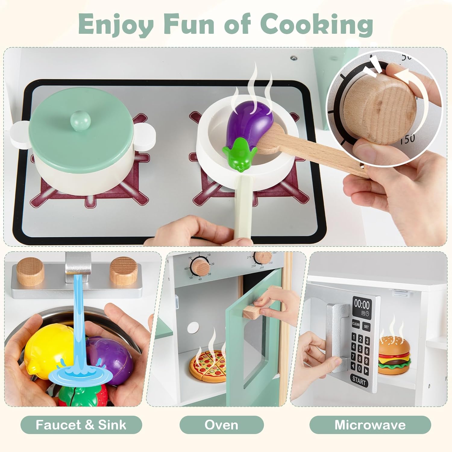 HONEY JOY Play Kitchen with Chalkboard, Wooden Kids Kitchen Playset, Stove, Microwave, Faucet & Sink, 13 Cook Accessories, Storage Cabinet, Toy Kitchen Set, Gift for Toddlers Boys Girls, Green