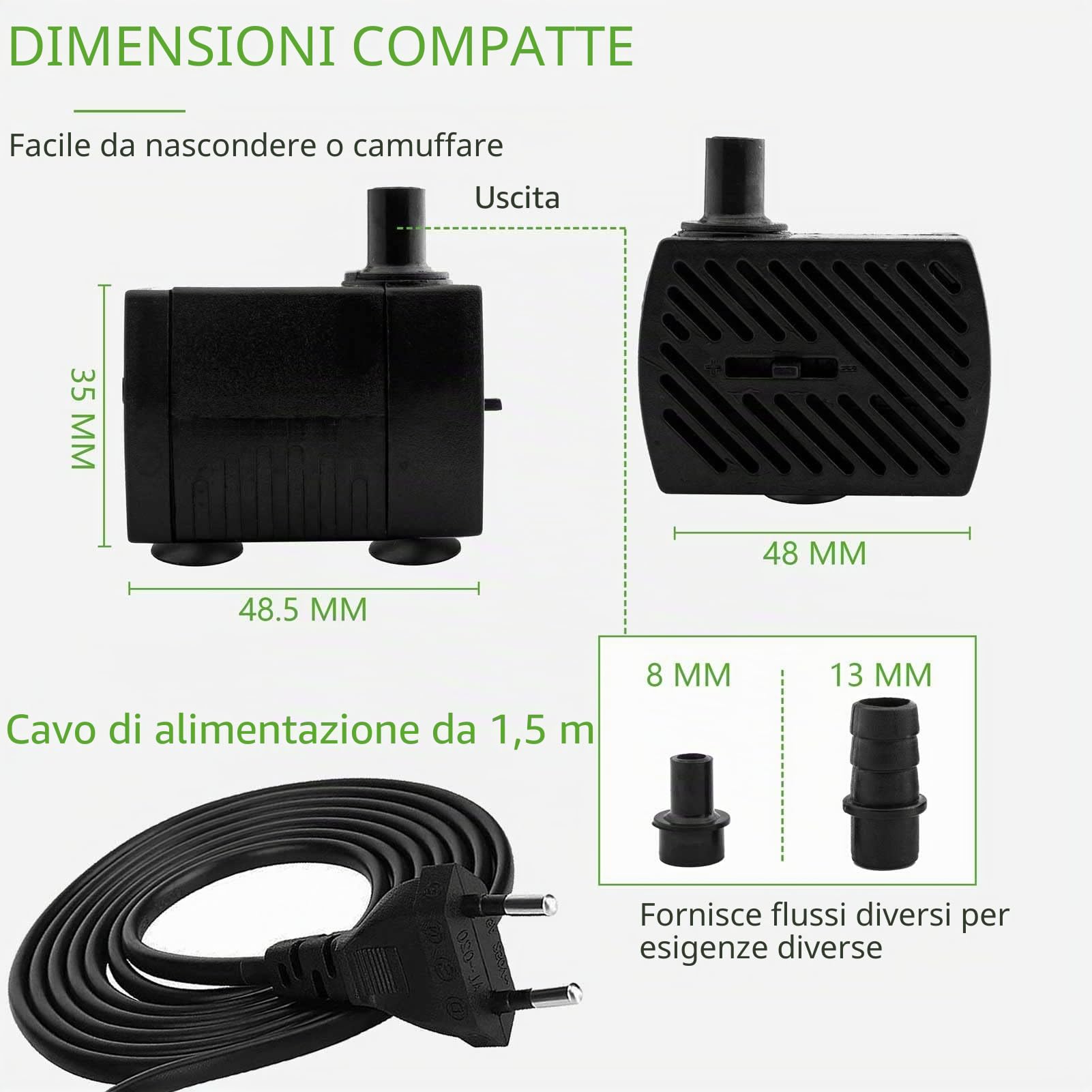 Mini pompa dell'acqua (350 l/h, 5 W), con sollevamento elevato, cavo di alimentazione da 1,5 m, 2 ugelli per acquari, laghetti, fontane, statue