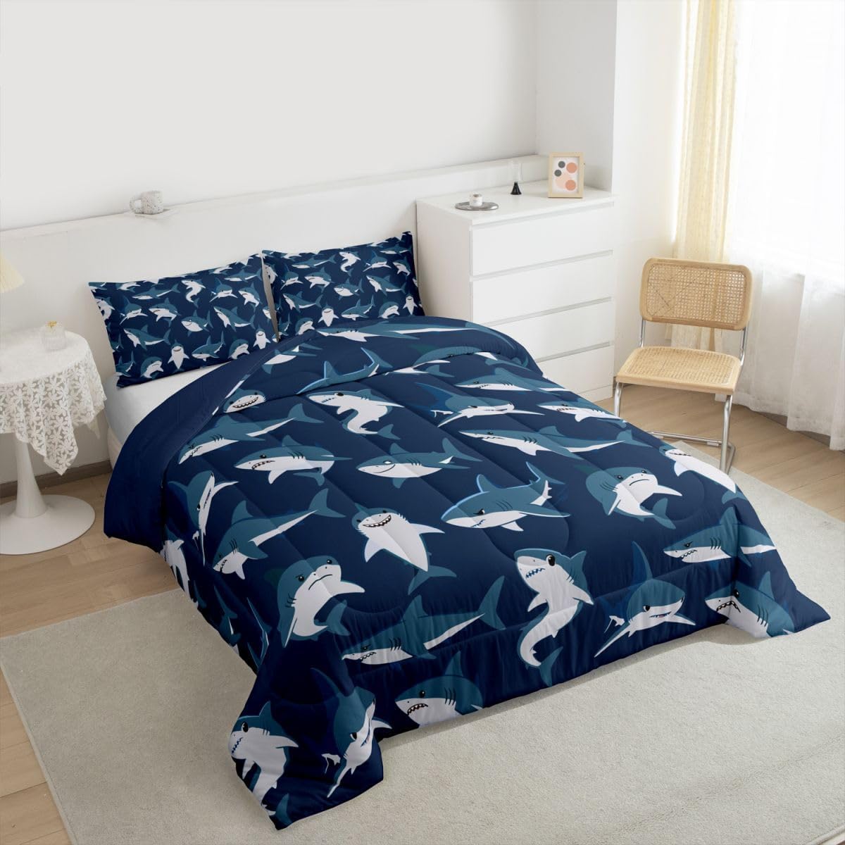 Feelyou Shark Comforter Set All Season Ocean Sea Shark Lover Gifts Bedding Set with 1 Pillow Cases Underwater Animal Microfiber Kids Twin Ocean Blue Bedroom Decor Nautical Marine Duvet Quilt Soft