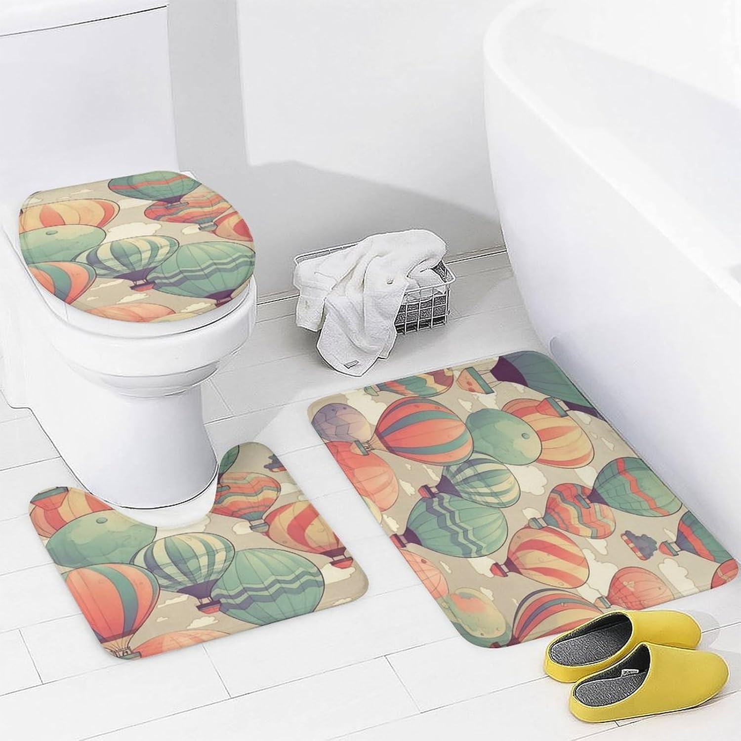 Colorful Hot Air Balloon 4 Piece Bathroom Set with Shower Curtain - Includes Bath Mat U-Shaped Mat Toilet Lid Cover and Waterproof Curtain Non-Slip Mat