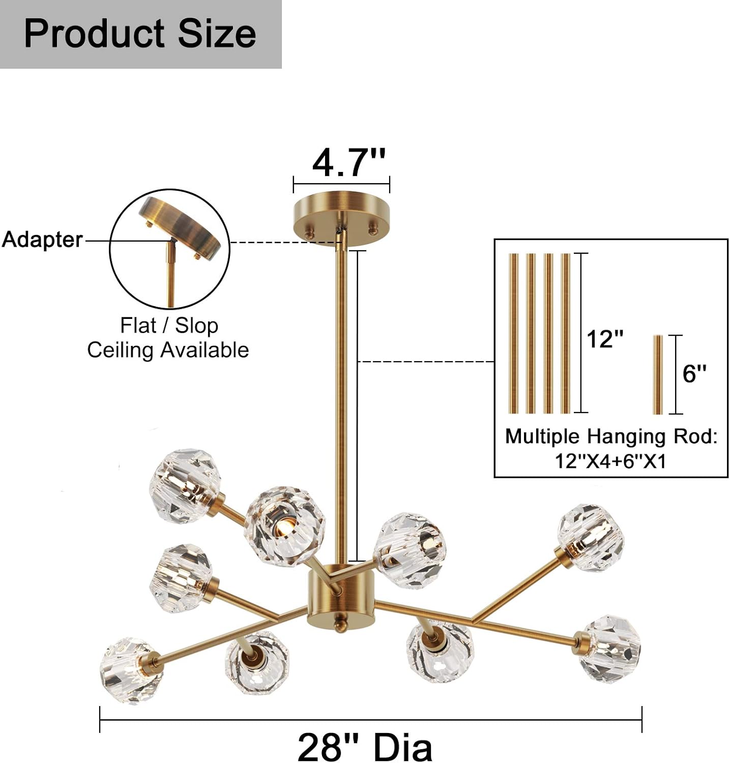 🛒 Flash Sale SEOL-Light Retro Brass Sputnik Crystal Ball Shade Branches Chandeliers Hanging Pendant Ceiling Light Polished Gold with 9 Light 360W Large Size 28Dia