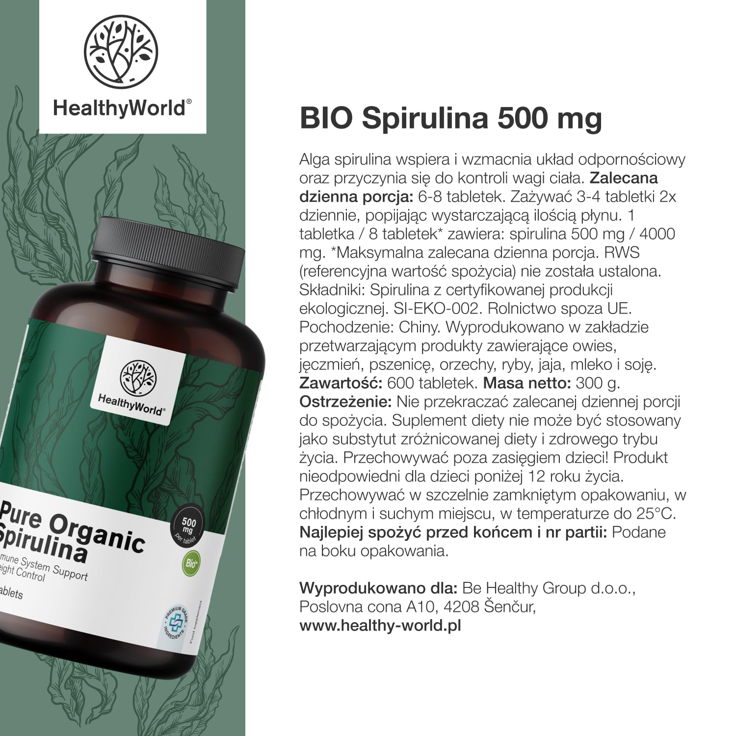 HealthyWorld BIO Spirulina 500 mg - 600 Tabletek - 100% Naturalne Składniki - 4000 mg na Dzienną Porcję - Bez GMO - Na ponad 2 Miesiące - Regulacja Masy Ciała