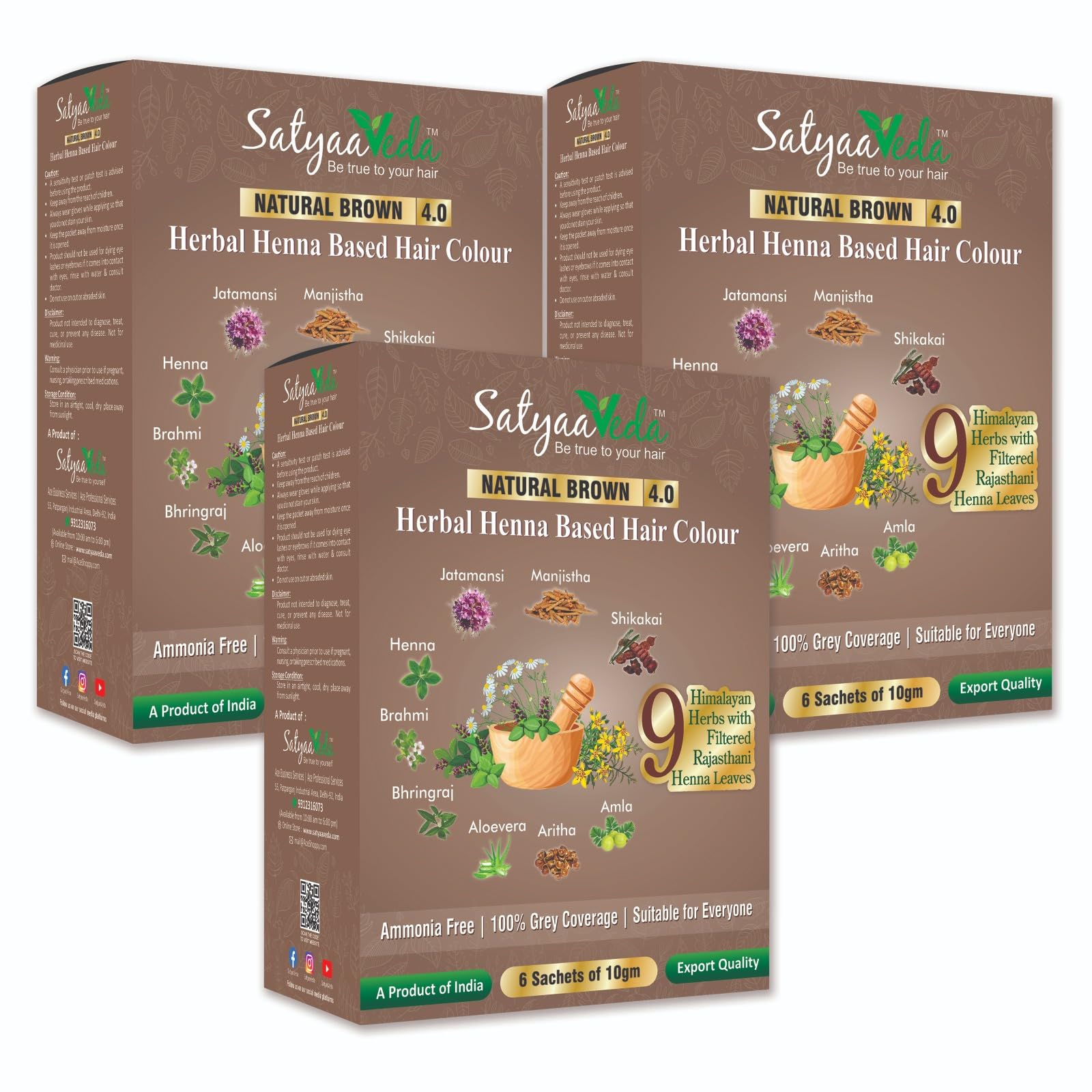 SatyaaVeda Natural Brown Ammonia Free Herbal Hair Colour with 9 Ayurvedic Herbs-Amla, Reetha, Shikakai, Aloevera, Bhringraj, Brahmi | Grey Coverage & Lustrous Shine | Dye for Men & Women I 180g powder