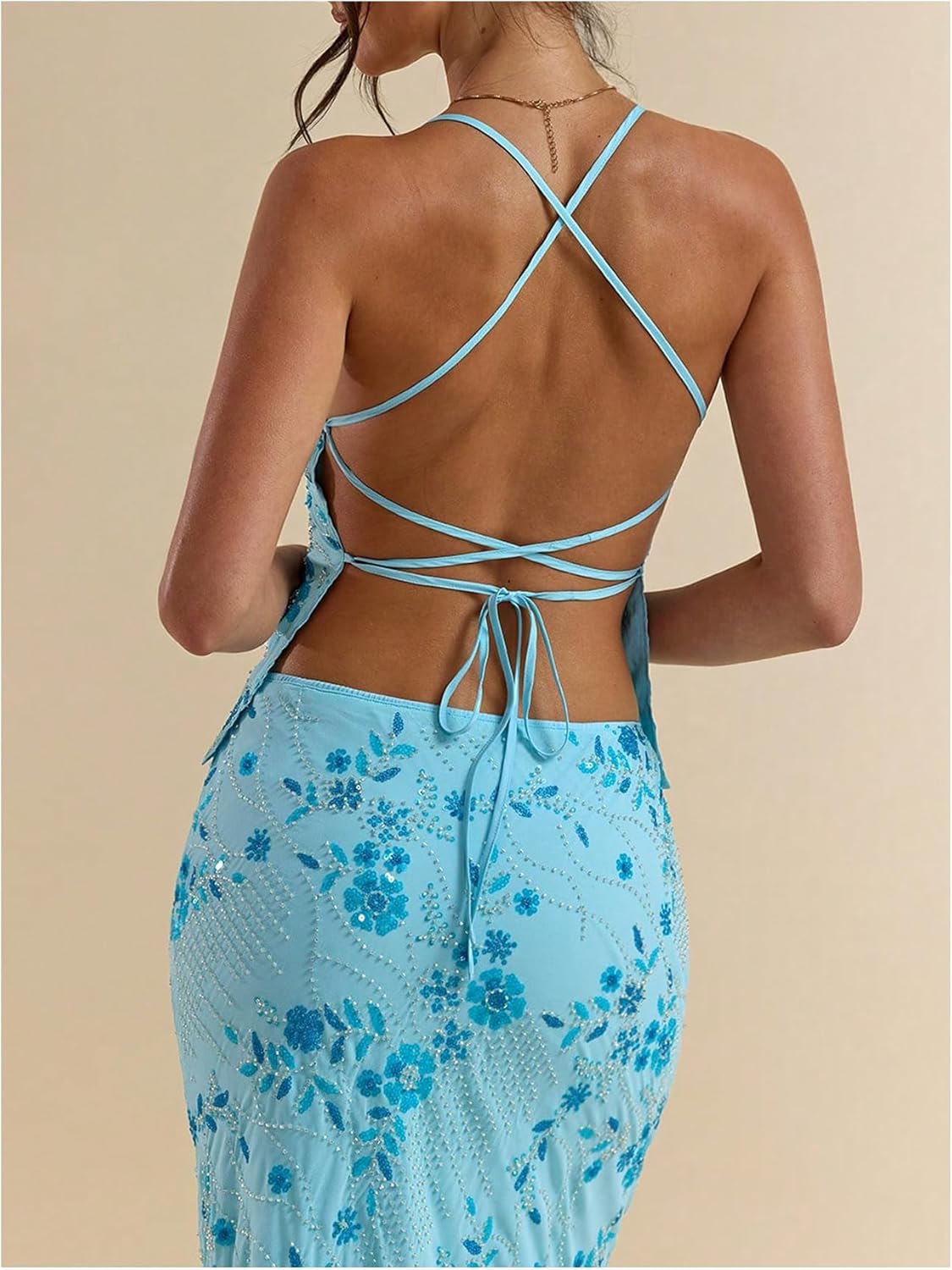 SOLY HUX Women's Sparkly Sequin Cami Tops Spaghetti Strap Tie Backless Summer Top Party Clubwear - Image 2