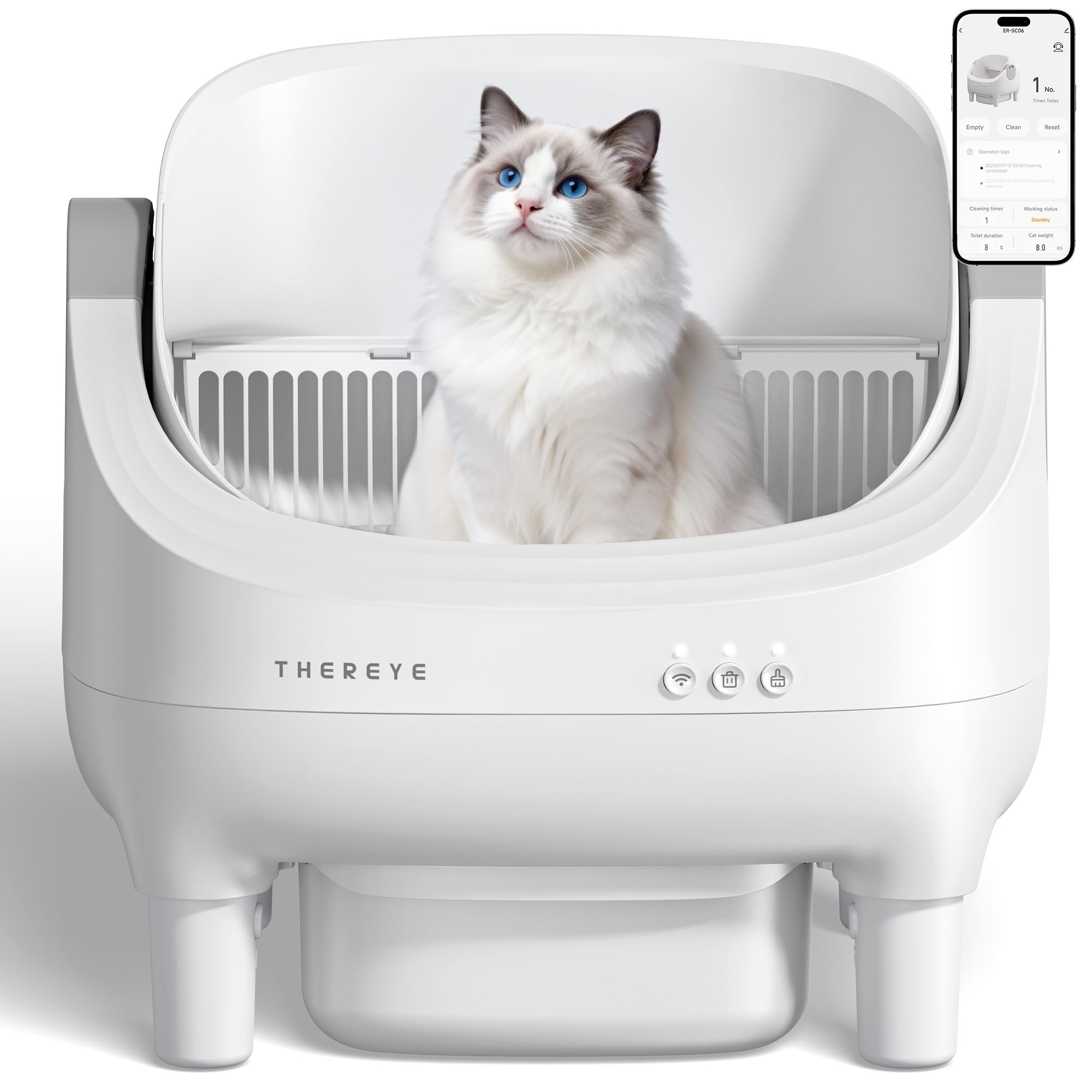 Thereye Lettiera Gatto Autopulente, Lettiera Automatica Per Gatti con Controllo App, Sensore di Sicurezza, Anti-Odore, Contenitore per Rifiuti da 10 L, per Gatto di Grandi/Più Gatti (3-30lb)