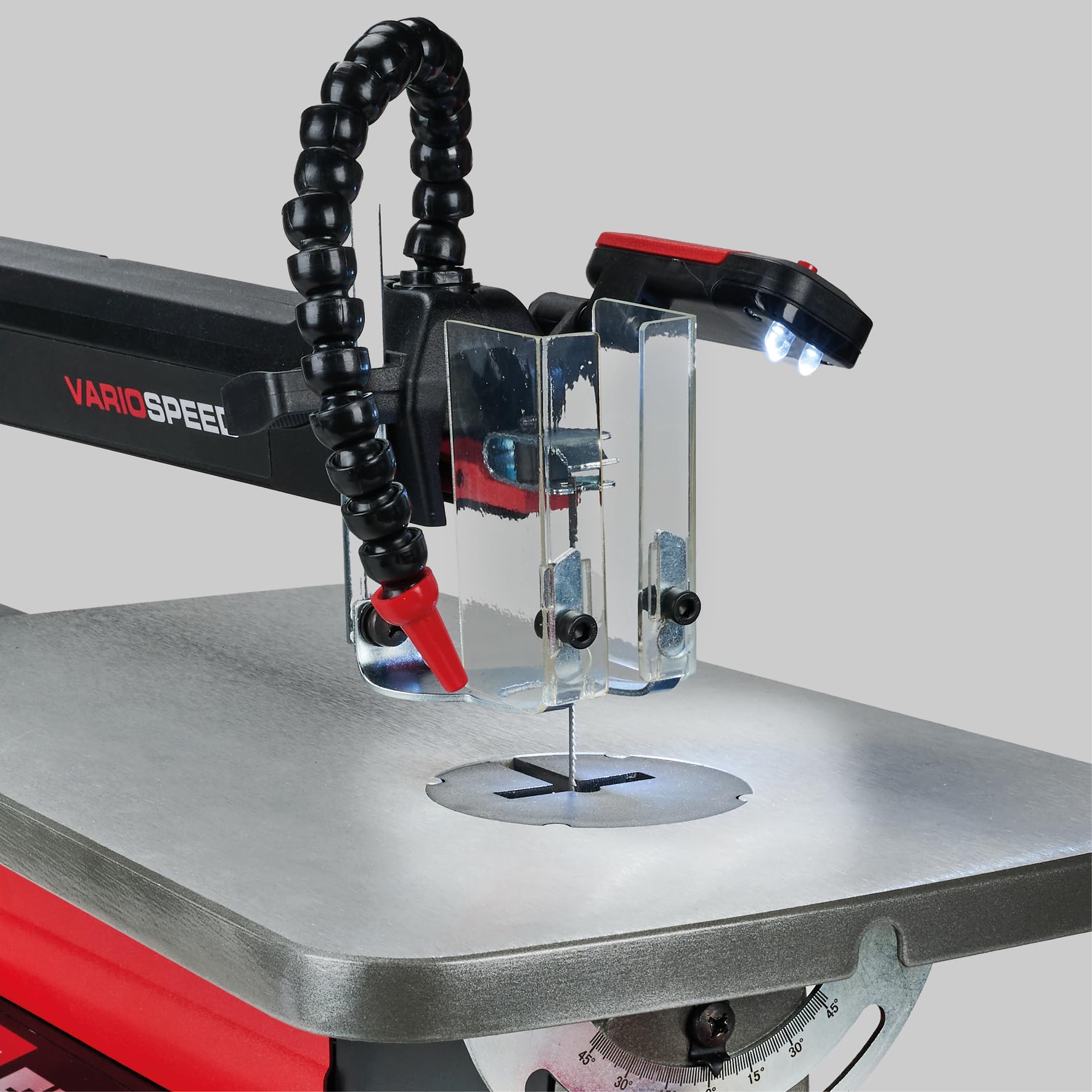 Einhell Scie à chantourner TE-SS 406 Vario FP | 130 W | hauteur 50 mm | table inclinable à 45° | Vario-Speed | pédale | LED | 2 lames