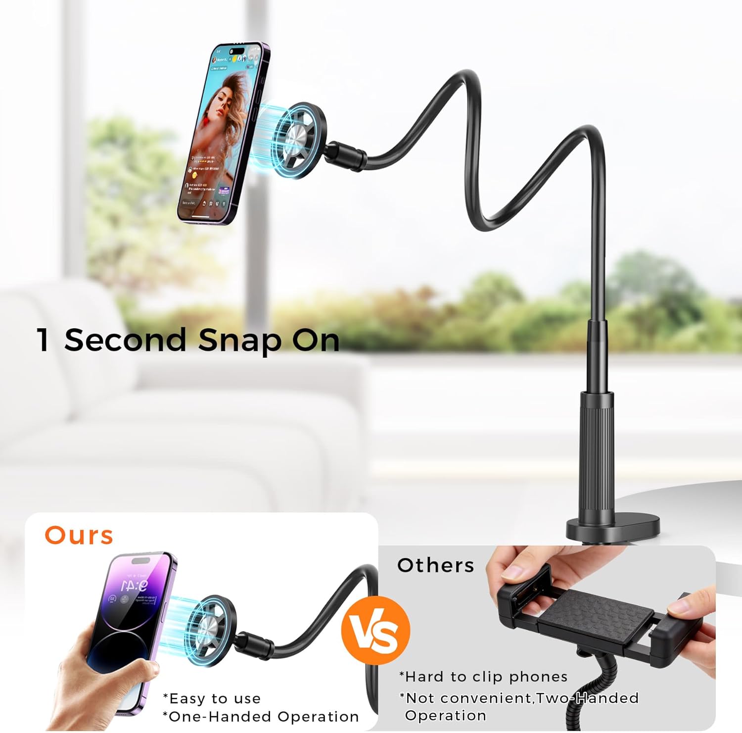 Gooseneck Phone Holder for Bed Laying Dowm, Magnetic Cell Phone Stand for Desk Headboard Bedside, Flexible Long Arm Mount Bracket Compatible with iPhone 17 16 15 14 13 12.