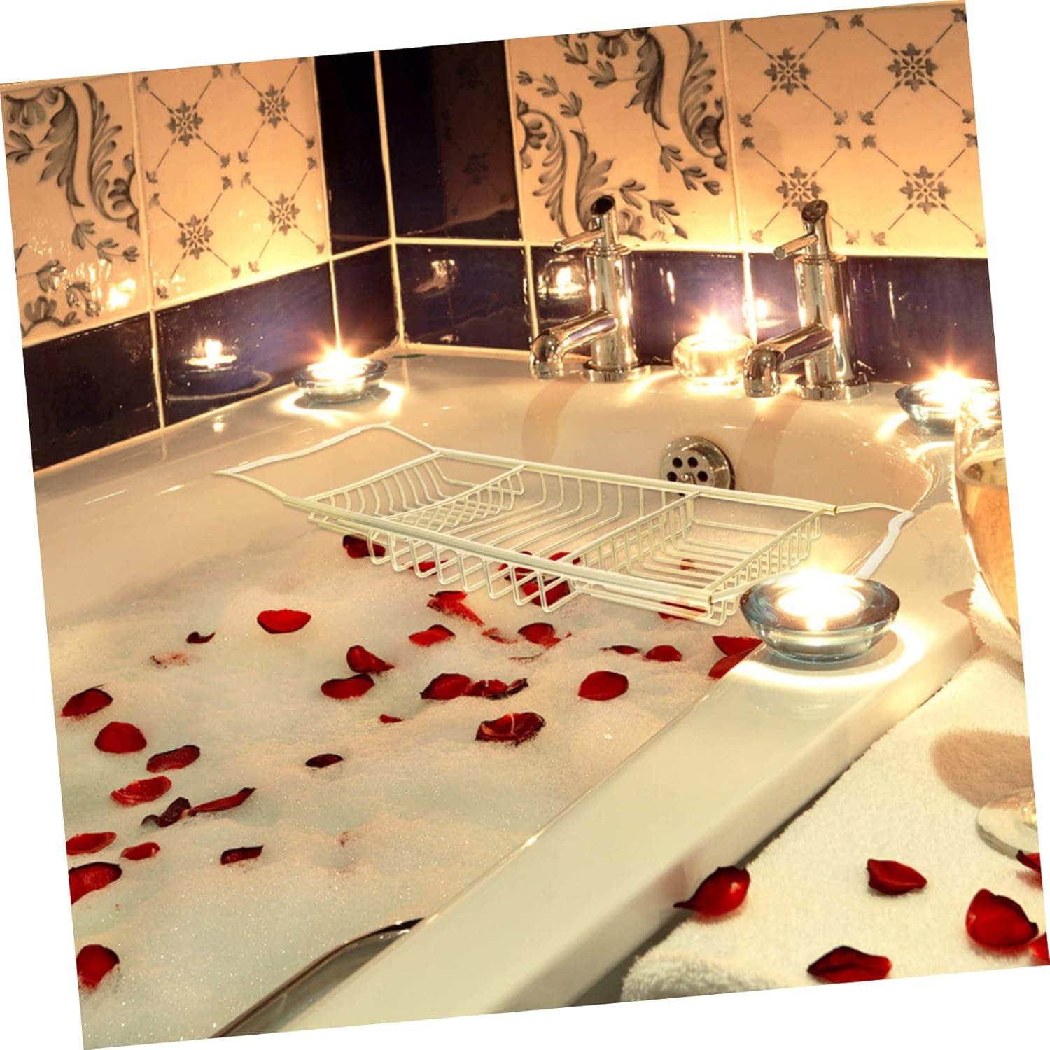 Luxury Bathtub Wine Holder with Stainless Steel Drying Rack and Scalable Phone Holder