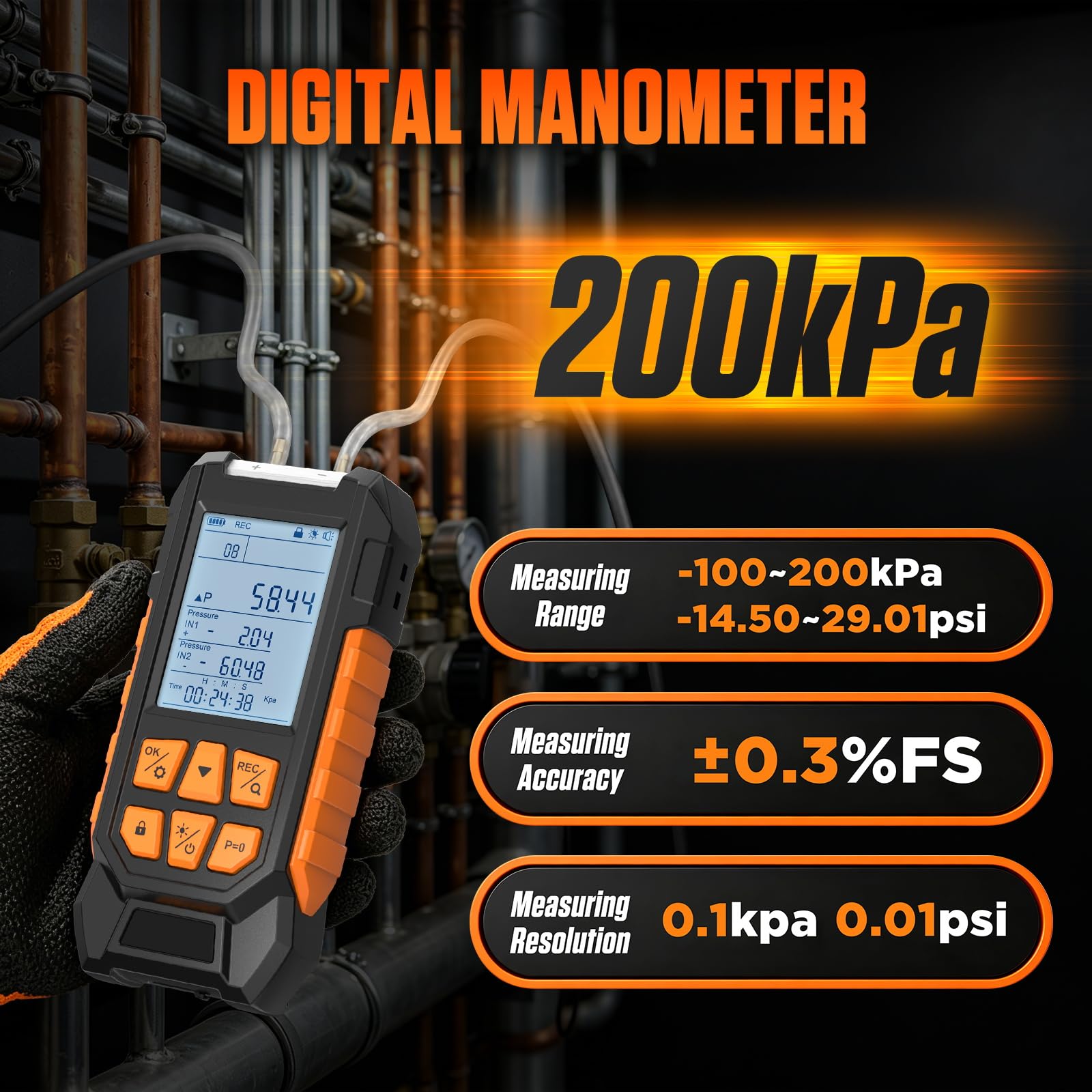 Manometro digitale, misuratore di pressione differenziale con due porte di misurazione, -100-200 kPa (-1000 a 2000 mbar), ±0,3% FS, 10 unità, 7 adattatori, memoria di misurazione, manometro di