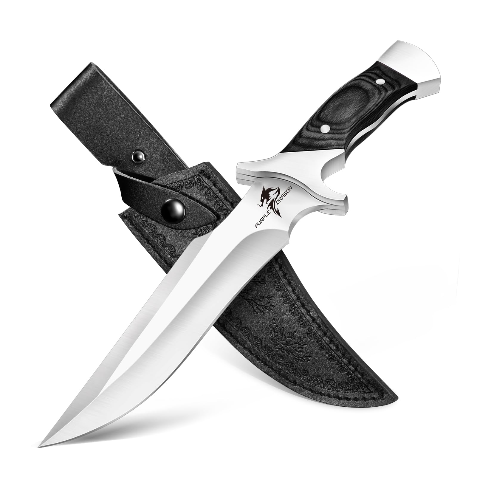 Purple Dragon Outdoor Messer Survival - mit Scheide, Feststehende Klinge aus einem Stück 440C Stahl, Full Tang Tanto Messer mit Holzgriff für Camping, Geschenke für Männer, Schwarz