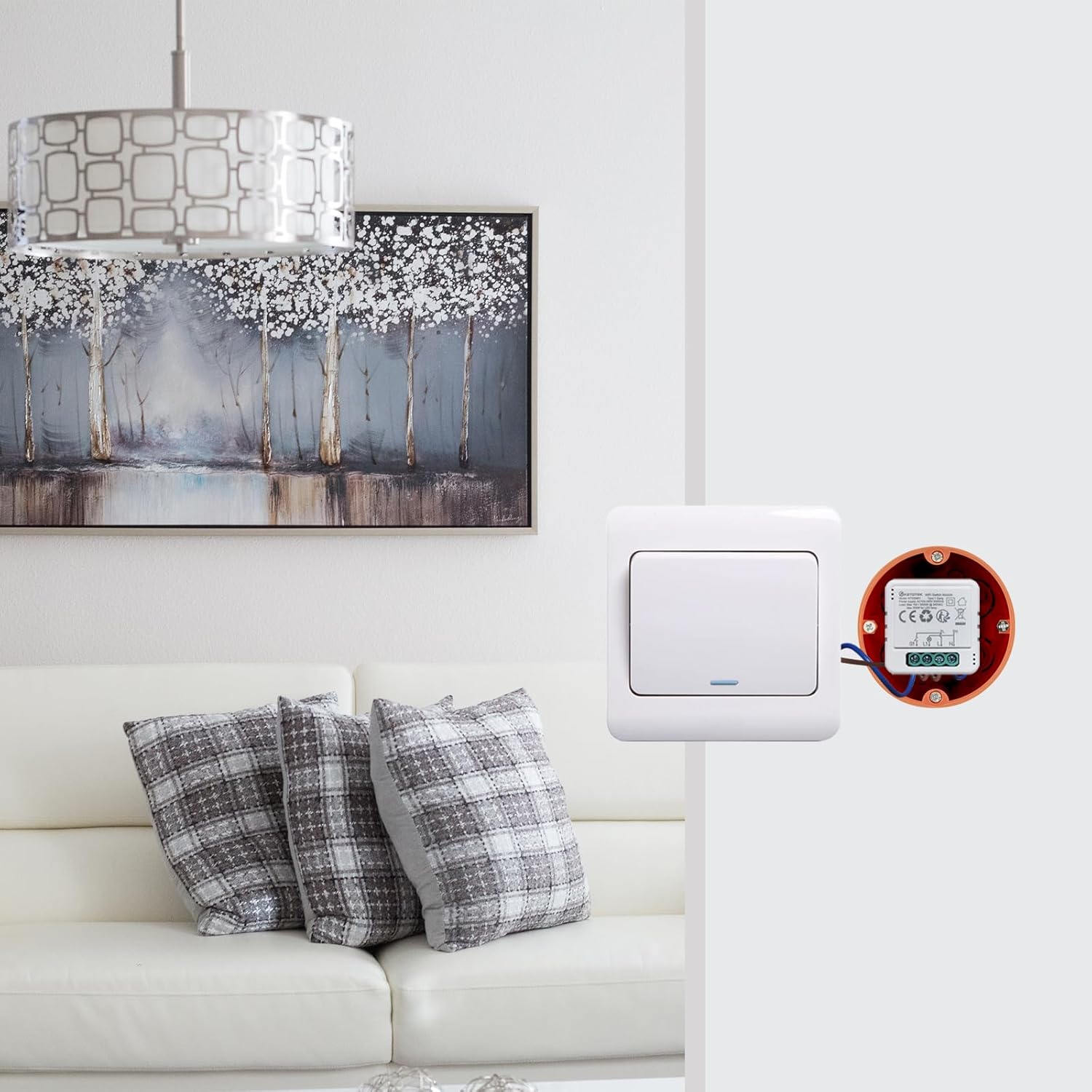 KETOTEK WiFi Smart Switch Module installed behind a wall switch in a living room setting.