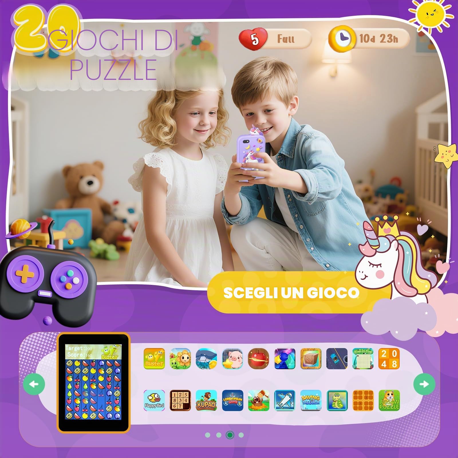 Fippesax Telefono Bambini, 2,8" Smartphone Bambini, Telefono Giocattolo per Bambine con 8GB Card, 20 Giochi Didattici, Doppia Fotocamera, Musicale, Sveglia - Regalo Natale/Compleanno Viola