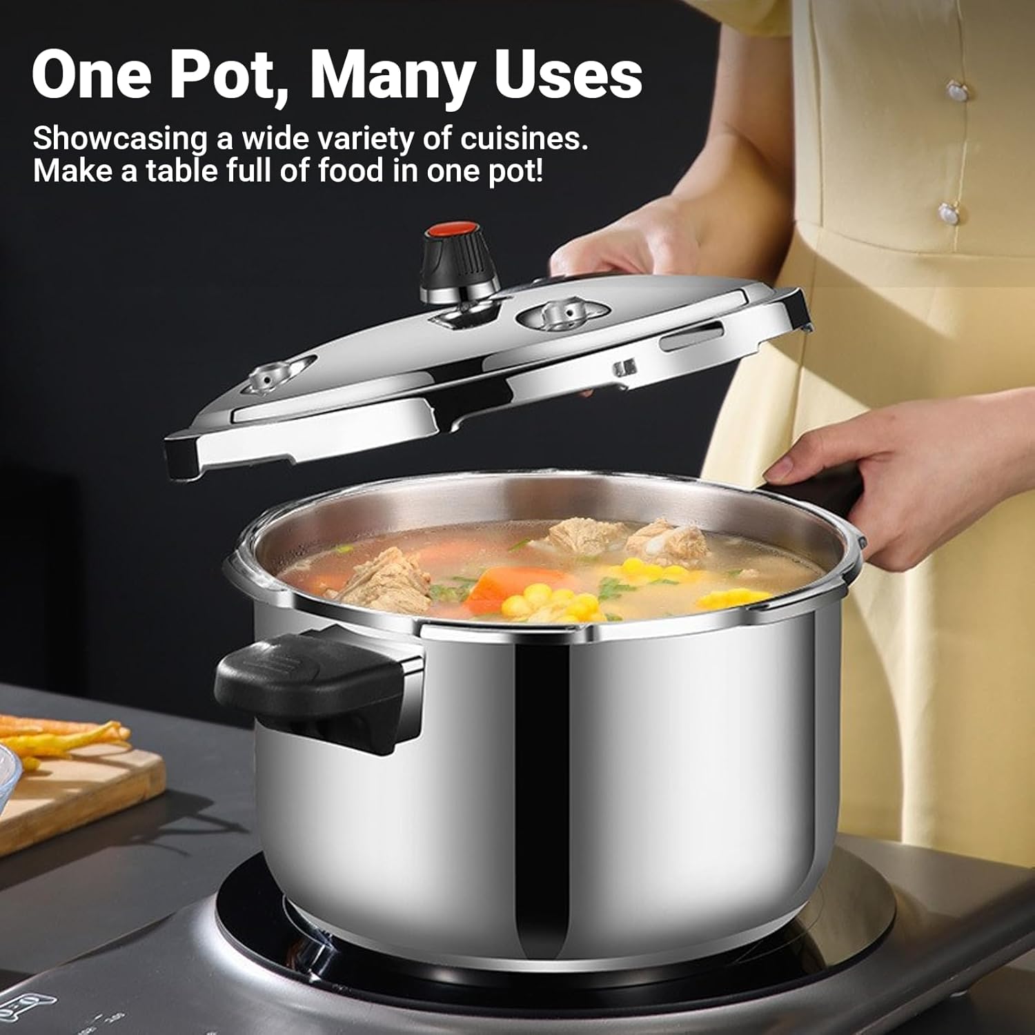 201 Stainless Steel Pressure Cooker, Large Capacity Olla de Presión Durable Explosion Proof, Compatible with Gas Electric Induction Ceramic, Commercial Home Use,4.2Qt/4L