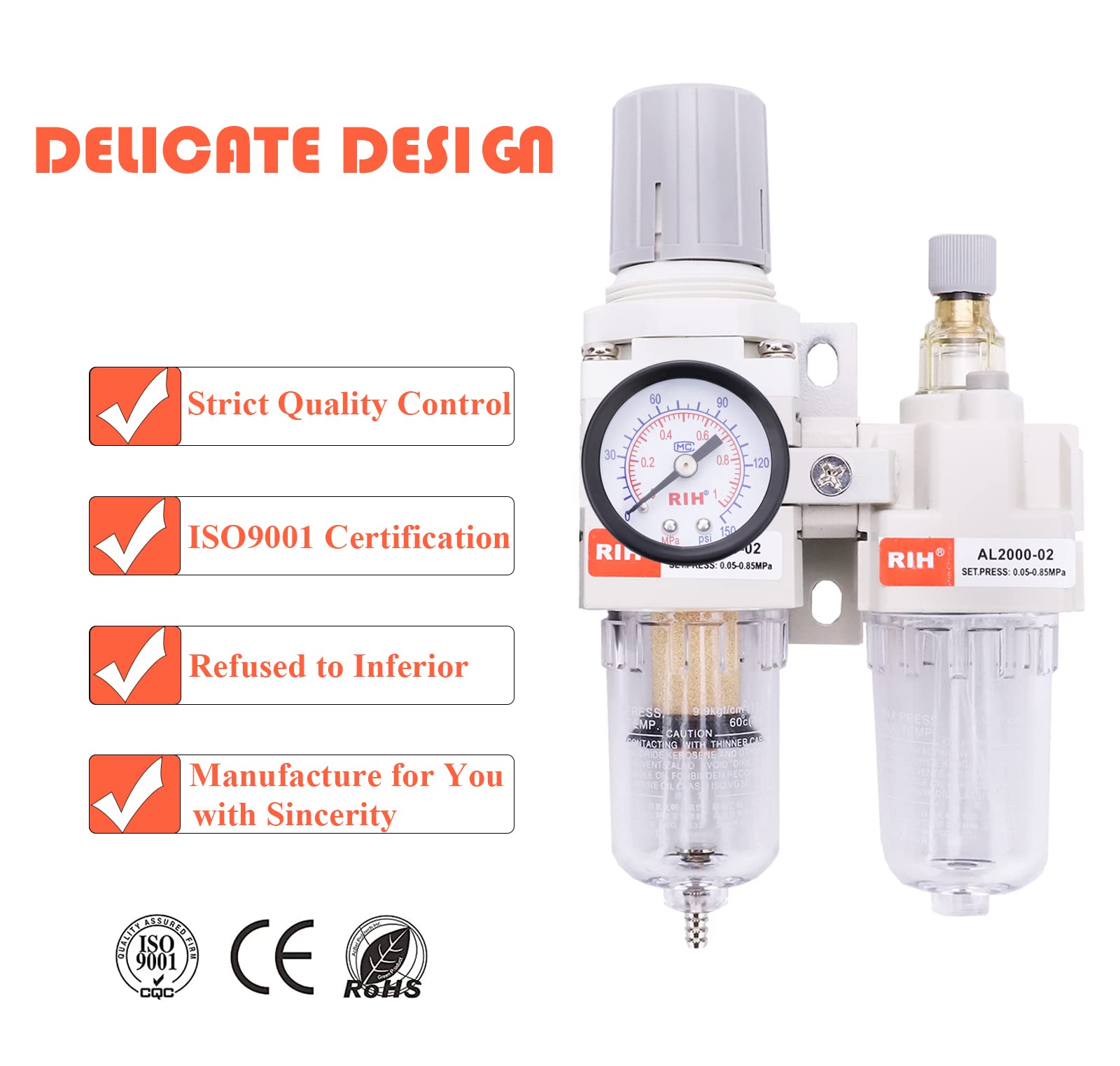 RIH Pneumatics Compressed Air Filter Regulator Lubricator Combo Water/Oil Trap Separator - Gauge(0-150 psi), Semi-Auto Drain, Poly Bowl,Bracket - 3 in 1 Two Unit (1/4" NPT) 4