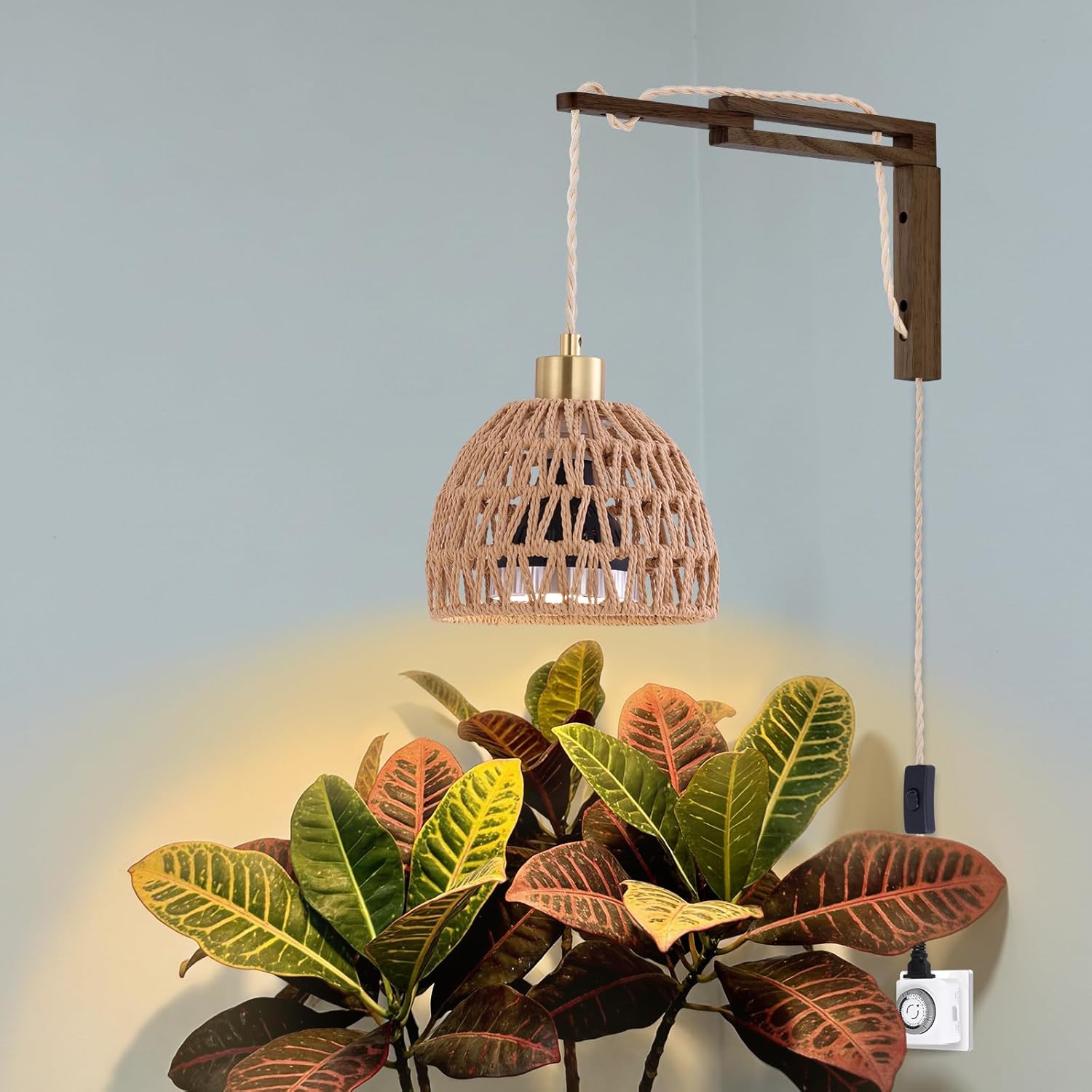 Hanging Grow Lights for Indoor Plants - 35W 4000K Full Spectrum Plant Light, Wall Mounted Grow Light with Wooden Bracket, Timer, 15FT Power Cord, Ideal for Plants, Flowers & Home Decor