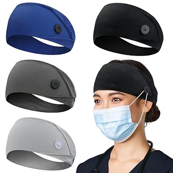 HoogaLife 4pcs Headbands with Buttons, Nurse Gifts for Women Turban Non-Slip Nurse Accessories Nursing Headbands Protect Your Hair and Ears