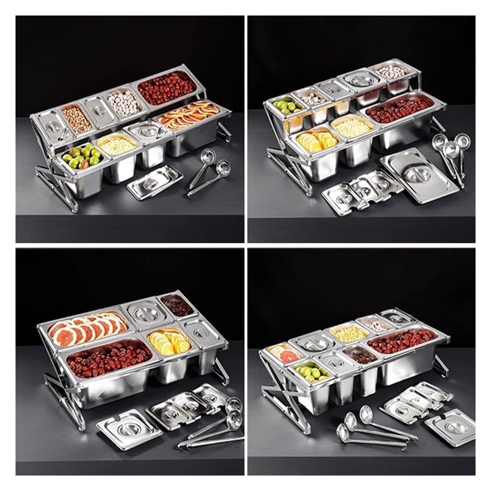 Pizza-Tnizer, 2-reihig, transparent, mit Löffel und Deckel, Arbeitsplatte zum Würzen – perfekt für Hobbyköche und Pizza-Liebhaber (Silber, 64,5 x 22,6 x 43,2 cm)