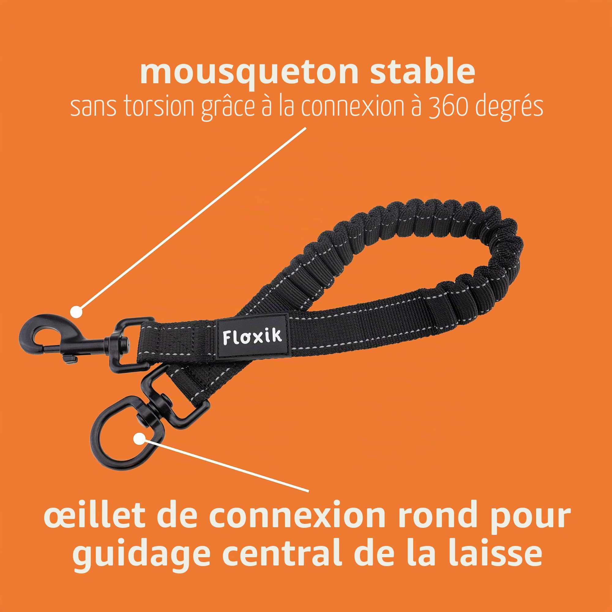Floxik Amortisseur élastique petit pour chiens de taille moyenne | Rallonge de laisse élastique pour chaque laisse de chien | Idéal pour le jogging, le cyclisme et la promenade Noir