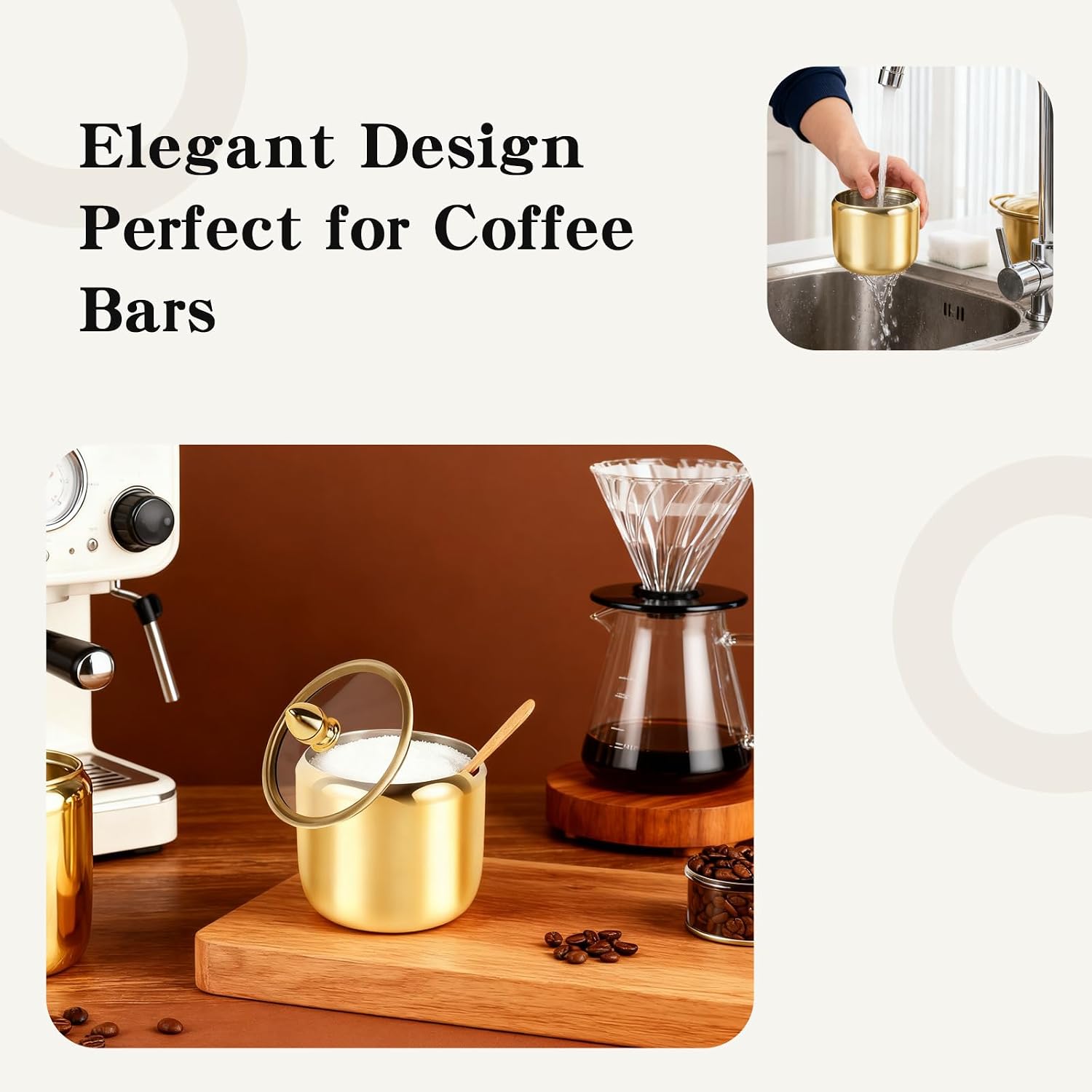 2 Pack Sugar Bowl with Lid and Spoon - 10oz Gold Stainless Steel Sugar Container, Coffee Bar Accessory for Kitchen & Home, Stores Salt & Candy